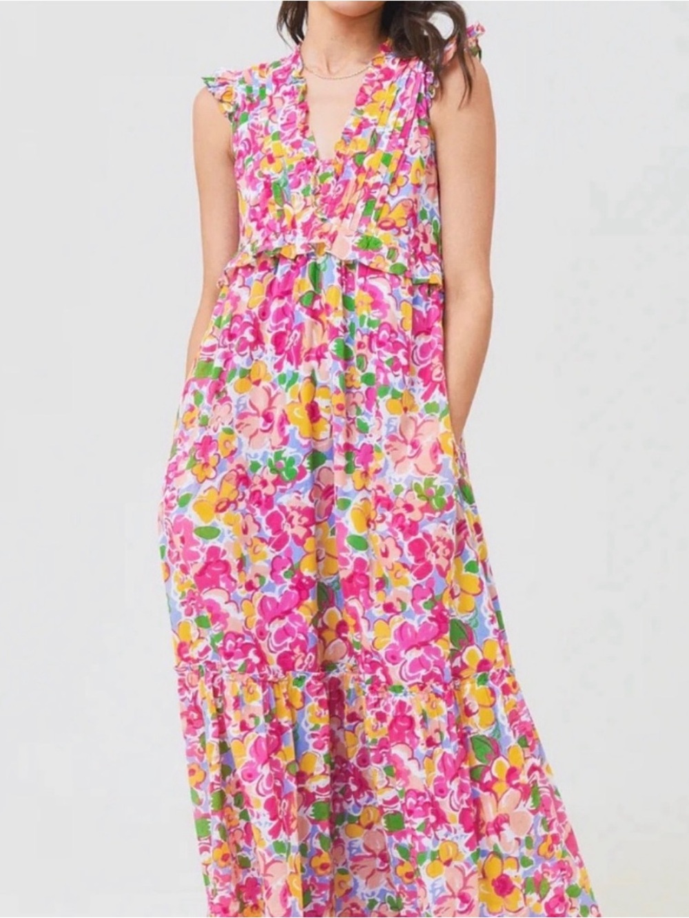 🩷💚LIKE NEW💚🩷 Banjanan Constance Multicolor Floral Ruffle Maxi Dress Sz XXL